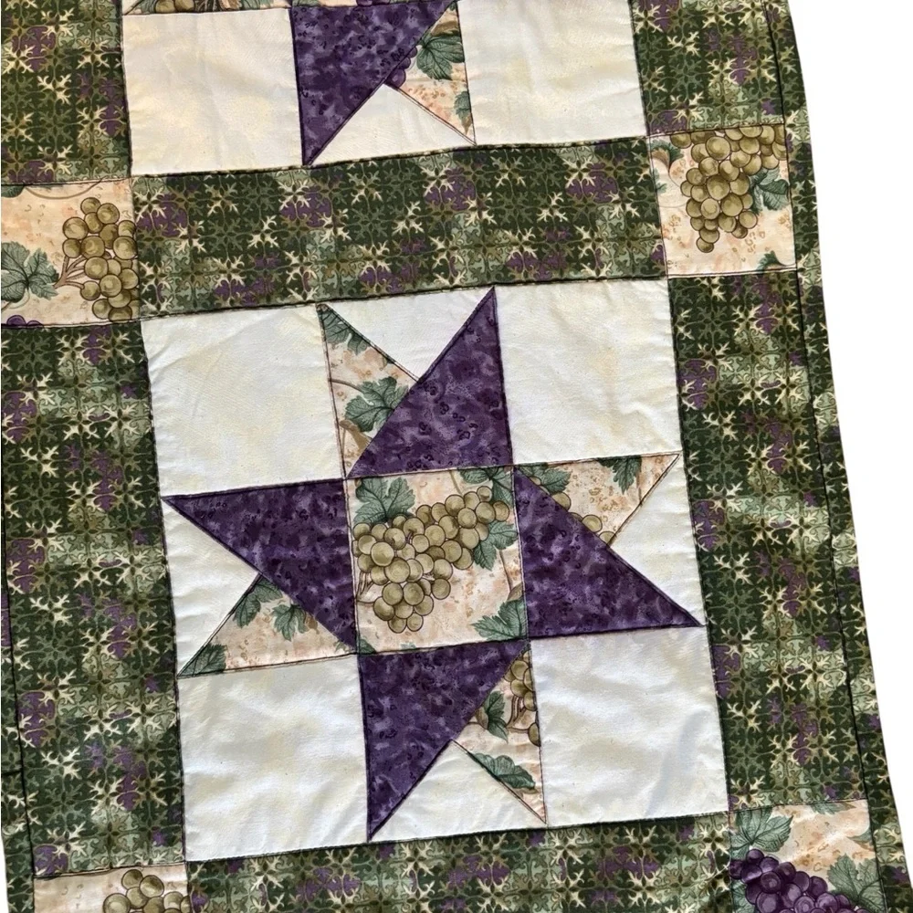 Handmade Star Block Quilted Table Runner 68”X16” Purple Green Grapes Farmhouse